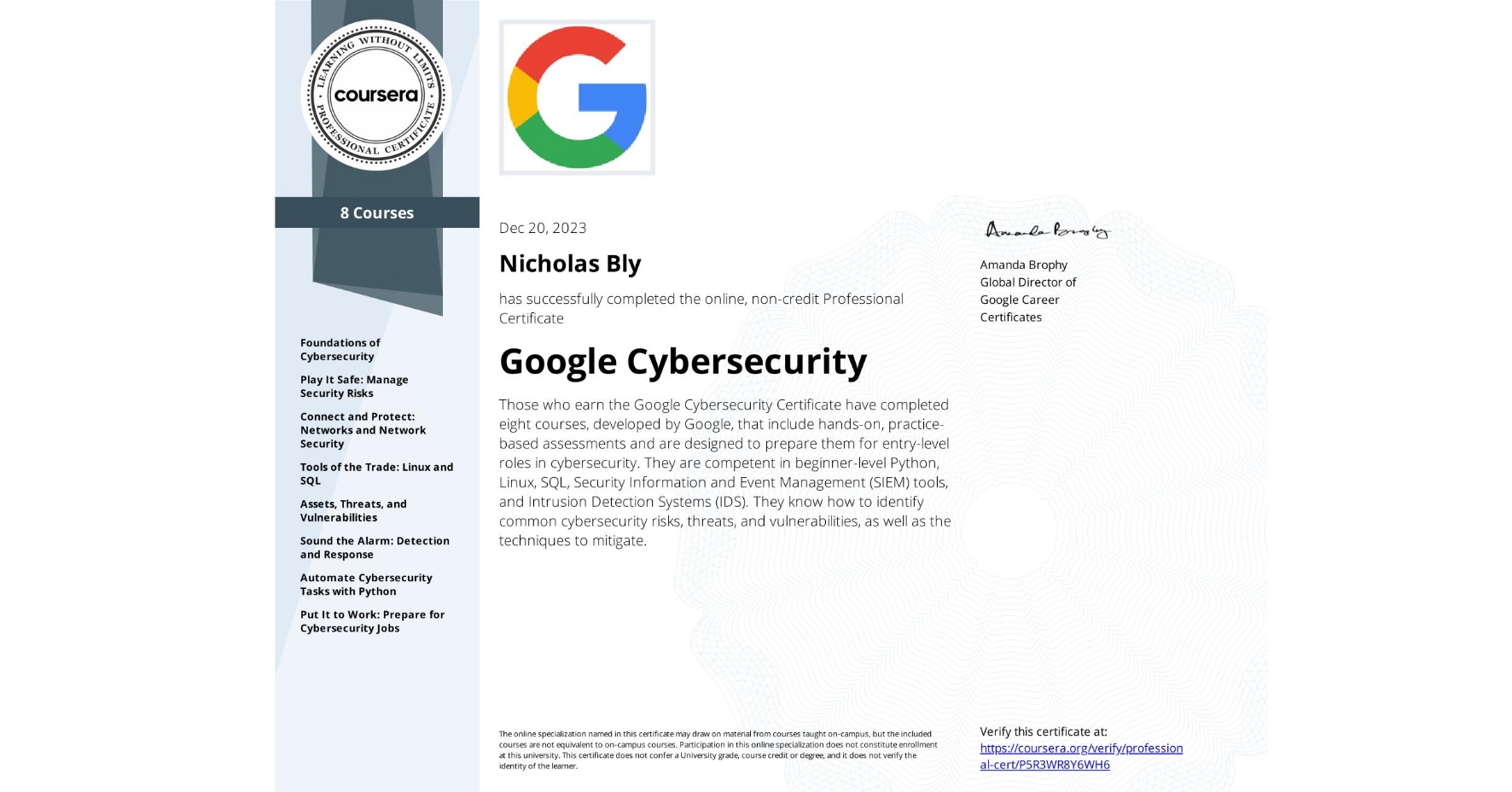 Google Cybersecurity Professional Certificate